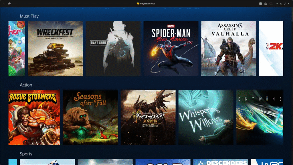 PlayStation Plus games dashboard showing cloud gaming, online multiplayer, and exclusive features for US gamers on PS5