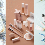 Flat lay of trending 2026 beauty products including skincare serums, lip oils, hybrid makeup, and sustainable beauty packaging.